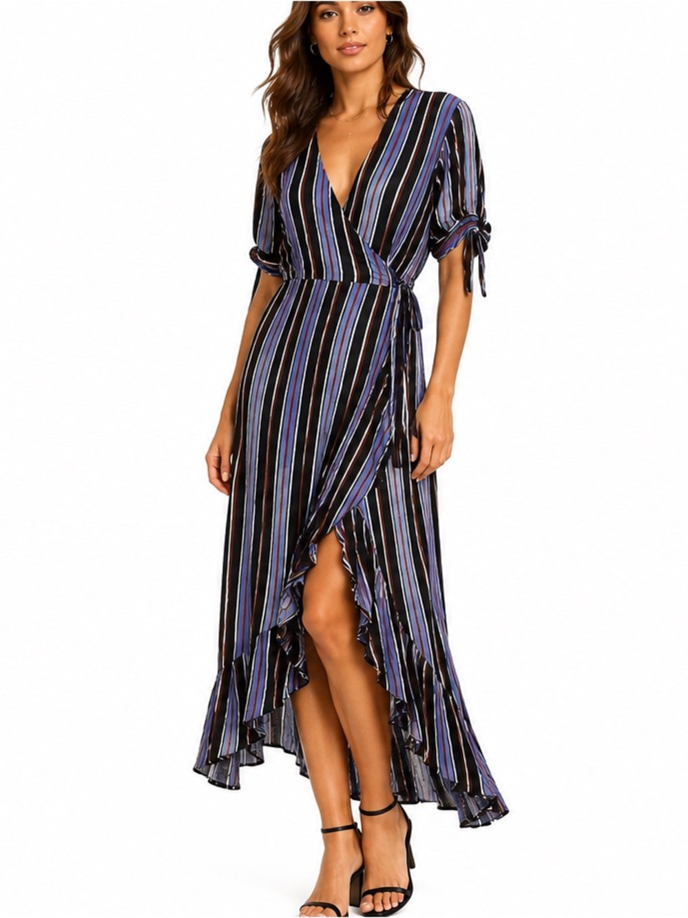 Charlotte Russe Plus Wrap Midi Dress 3X Blue Black Striped NWT Tie Sleeve